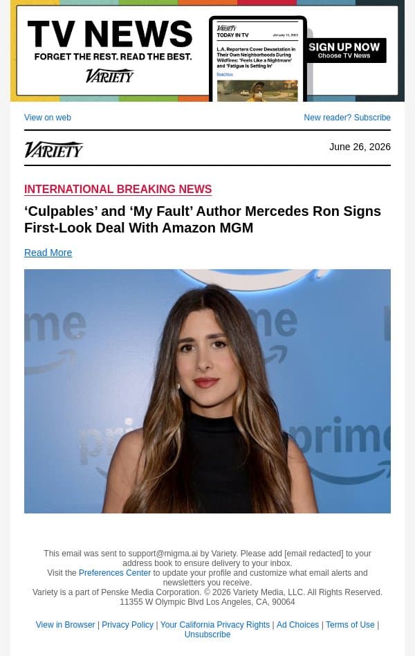 ‘Culpables’ and ‘My Fault’ Author Mercedes Ron Signs First-Look Deal With Amazon MGM email from Variety screenshot