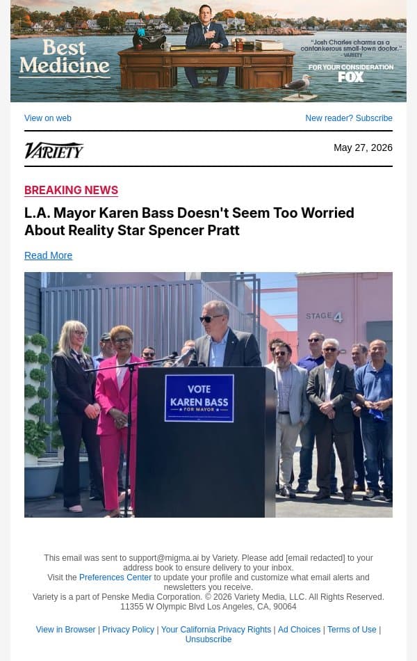 L.A. Mayor Karen Bass Doesn't Seem Too Worried About Reality Star Spencer Pratt email from Variety screenshot