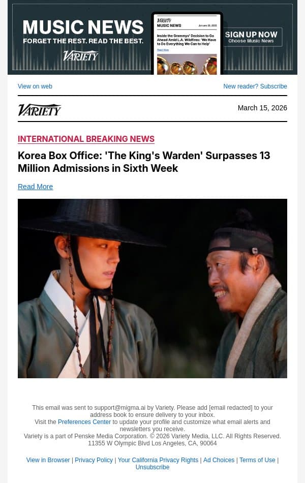 Korea Box Office: 'The King's Warden' Surpasses 13 Million Admissions in Sixth Week email from Variety screenshot