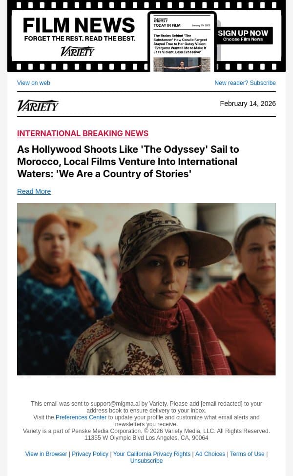 As Hollywood Shoots Like 'The Odyssey' Sail to Morocco, Local Films Venture Into International Waters: 'We Are a Country of Stories' email from Variety screenshot