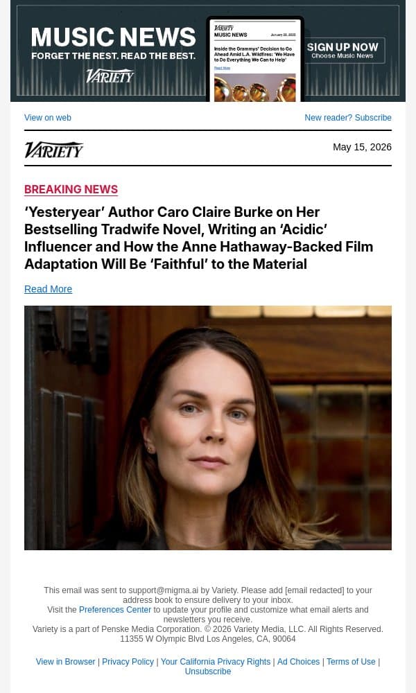 ‘Yesteryear’ Author Caro Claire Burke on Her Bestselling Tradwife Novel, Writing an ‘Acidic’ Influencer and How the Anne Hathaway-Backed Film Adaptation Will Be ‘Faithful’ to the Material email from Variety screenshot