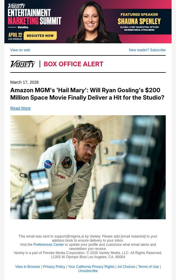 Amazon MGM's 'Hail Mary': Will Ryan Gosling's $200 Million Space Movie Finally Deliver a Hit for the Studio? email from Variety screenshot
