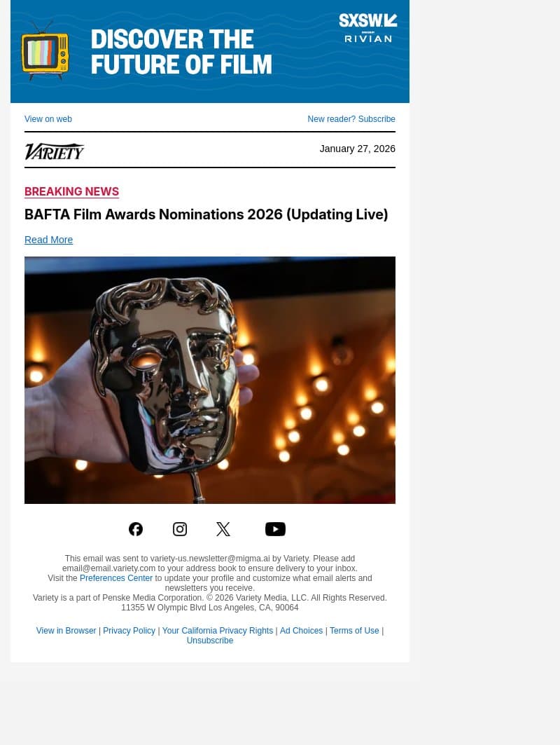 BAFTA Film Awards Nominations 2026 (Updating Live) email from Variety screenshot