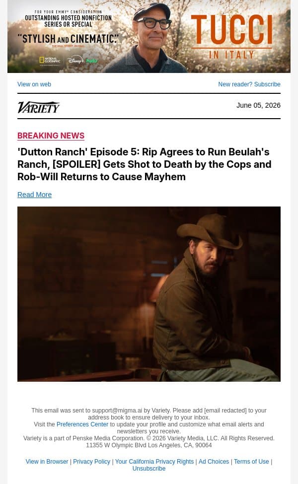 'Dutton Ranch' Episode 5: Rip Agrees to Run Beulah's Ranch, [SPOILER] Gets Shot to Death by the Cops and Rob-Will Returns to Cause Mayhem email from Variety screenshot