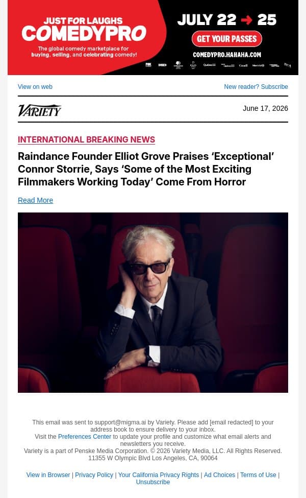 Raindance Founder Elliot Grove Praises ‘Exceptional’ Connor Storrie, Says ‘Some of the Most Exciting Filmmakers Working Today’ Come From Horror email from Variety screenshot
