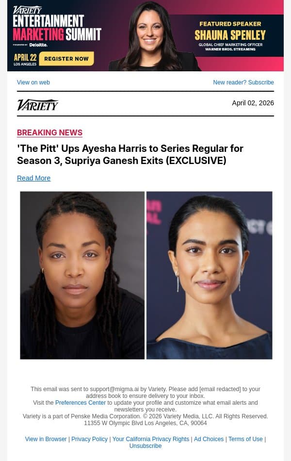 'The Pitt' Ups Ayesha Harris to Series Regular for Season 3, Supriya Ganesh Exits (EXCLUSIVE) email from Variety screenshot