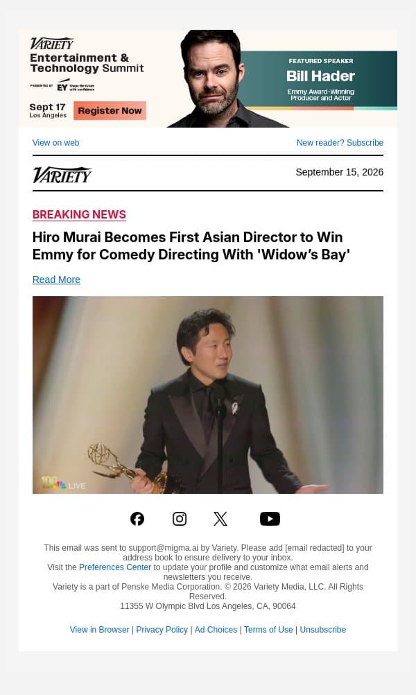 Hiro Murai Becomes First Asian Director to Win Emmy for Comedy Directing With 'Widow’s Bay' email from Variety screenshot