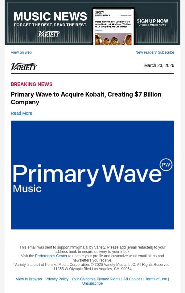 Primary Wave to Acquire Kobalt, Creating $7 Billion Company email from Variety screenshot