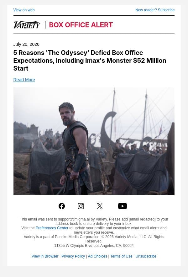 5 Reasons 'The Odyssey' Defied Box Office Expectations, Including Imax's Monster $52 Million Start email from Variety screenshot