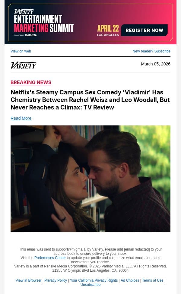 Netflix's Steamy Campus Sex Comedy 'Vladimir' Has Chemistry Between Rachel Weisz and Leo Woodall, But Never Reaches a Climax: TV Review email from Variety screenshot
