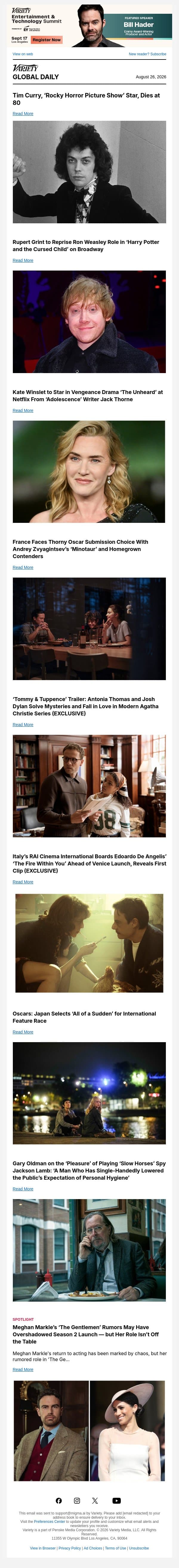 Tim Curry Dies; Rupert Grint Returns to 'Harry Potter'; Kate Winslet's New Drama email from Variety screenshot