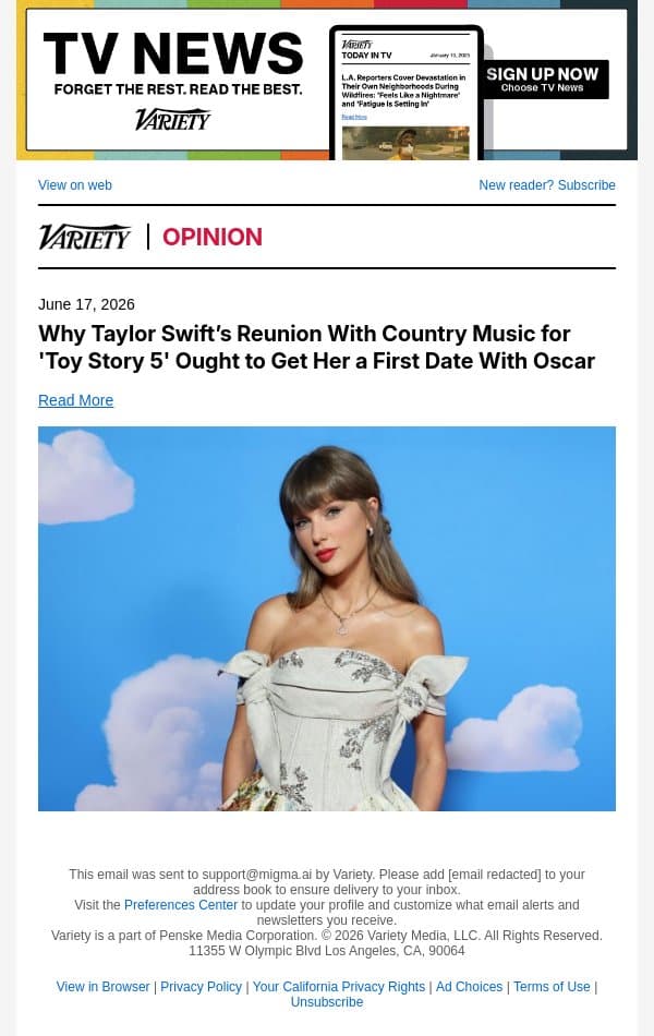 Why Taylor Swift’s Reunion With Country Music for 'Toy Story 5' Ought to Get Her a First Date With Oscar email from Variety screenshot
