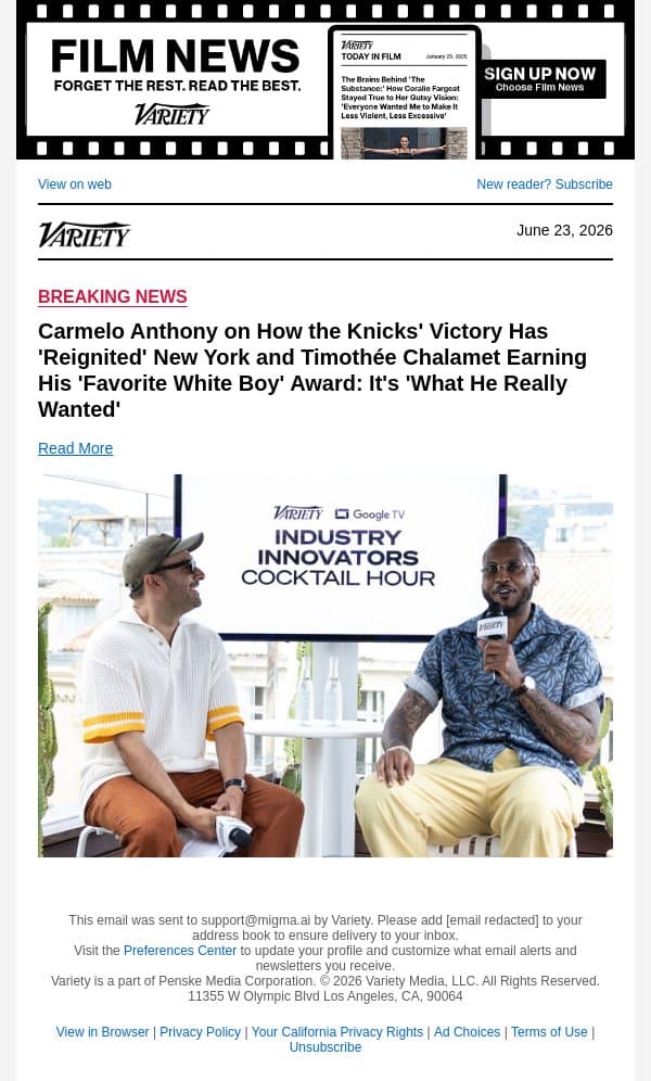 Carmelo Anthony on How the Knicks' Victory Has 'Reignited' New York and Timothée Chalamet Earning His 'Favorite White Boy' Award: It's 'What He Really Wanted' email from Variety screenshot