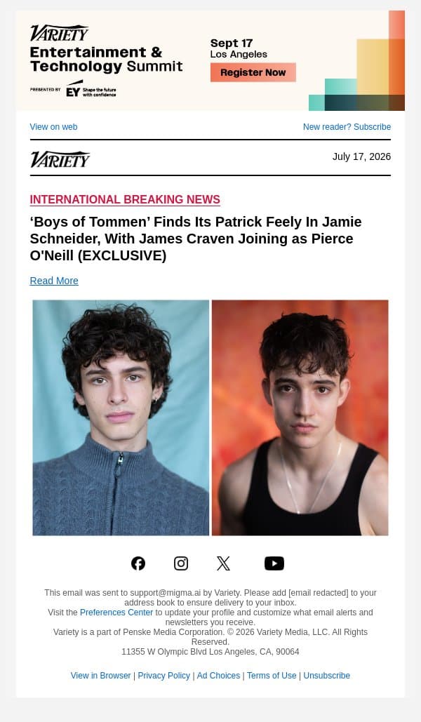 ‘Boys of Tommen’ Finds Its Patrick Feely In Jamie Schneider, With James Craven Joining as Pierce O'Neill (EXCLUSIVE) email from Variety screenshot