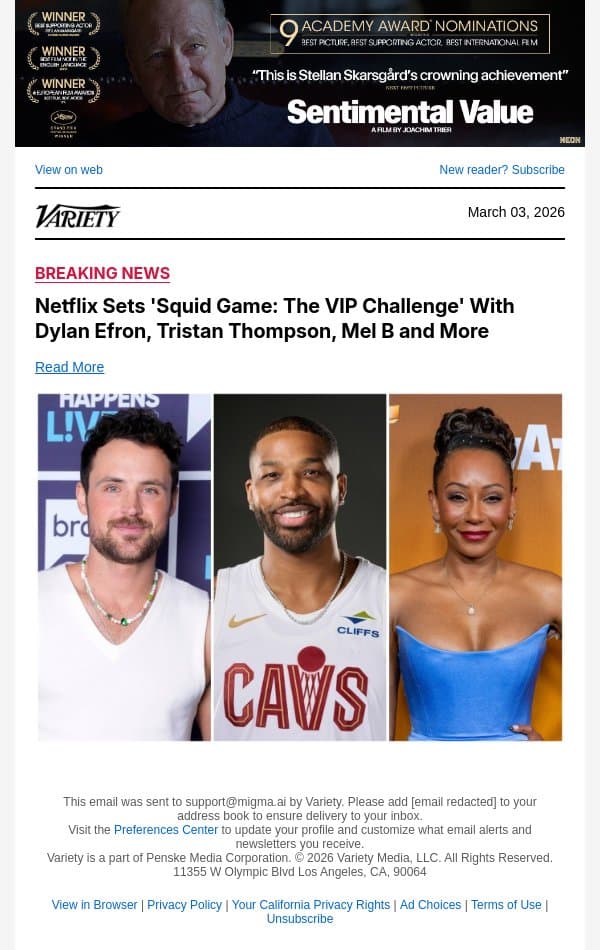 Netflix Sets 'Squid Game: The VIP Challenge' With Dylan Efron, Tristan Thompson, Mel B and More email from Variety screenshot