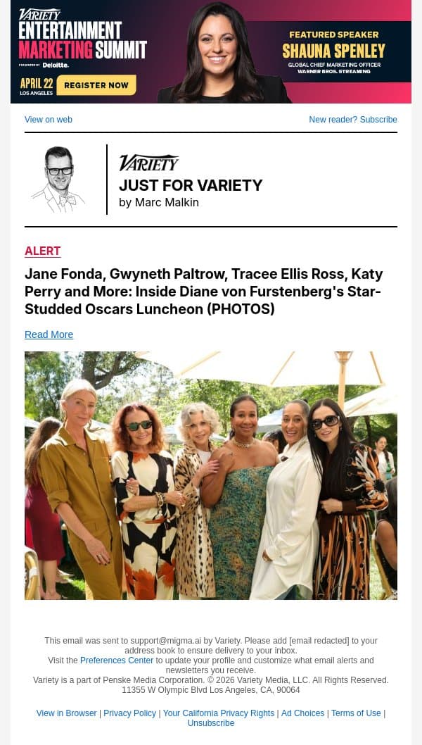 Jane Fonda, Gwyneth Paltrow, Tracee Ellis Ross, Katy Perry and More: Inside Diane von Furstenberg's Star-Studded Oscars Luncheon (PHOTOS) email from Variety screenshot