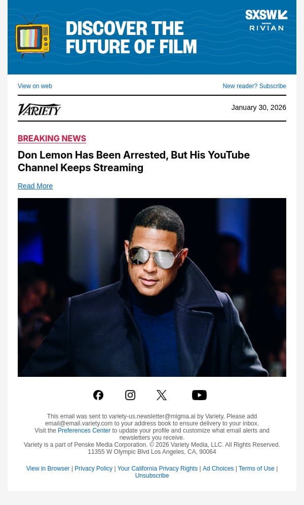 Don Lemon Has Been Arrested, But His YouTube Channel Keeps Streaming email from Variety screenshot