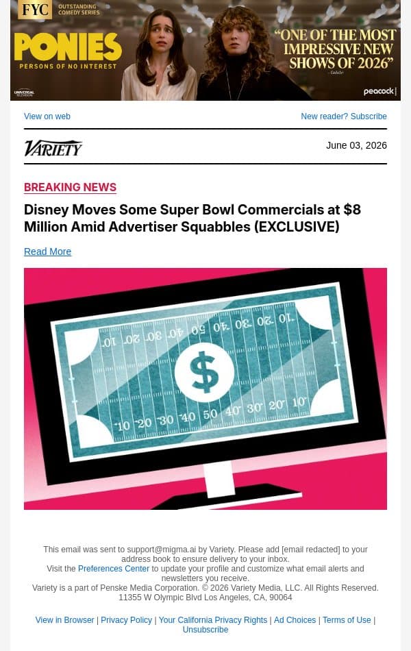 Disney Moves Some Super Bowl Commercials at $8 Million Amid Advertiser Squabbles (EXCLUSIVE) email from Variety screenshot