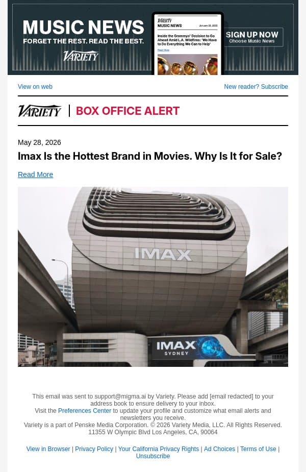 Imax Is the Hottest Brand in Movies. Why Is It for Sale? email from Variety screenshot