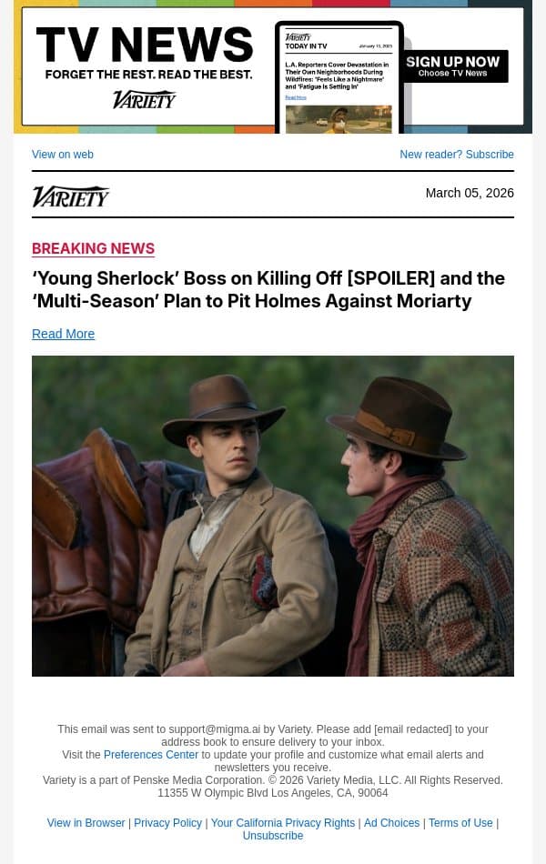 ‘Young Sherlock’ Boss on Killing Off [SPOILER] and the ‘Multi-Season’ Plan to Pit Holmes Against Moriarty email from Variety screenshot