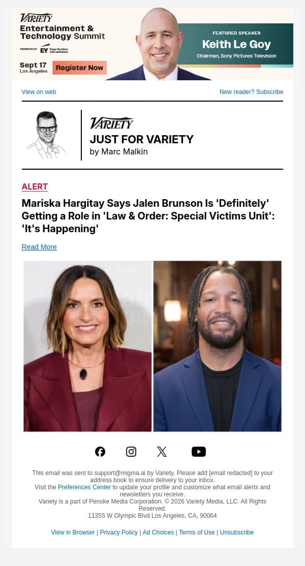 Mariska Hargitay Says Jalen Brunson Is 'Definitely' Getting a Role in 'Law & Order: Special Victims Unit': 'It's Happening' email from Variety screenshot