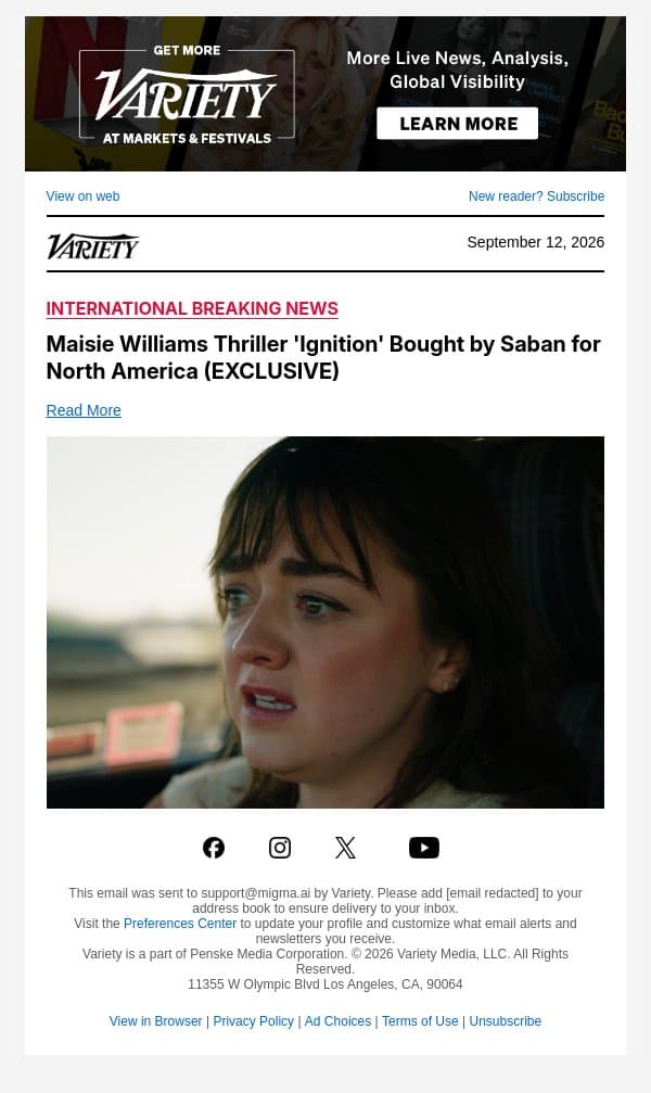 Maisie Williams Thriller 'Ignition' Bought by Saban for North America (EXCLUSIVE) email from Variety screenshot