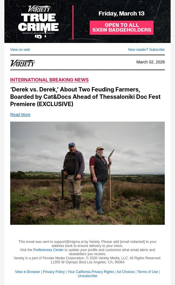 ‘Derek vs. Derek,’ About Two Feuding Farmers, Boarded by Cat&Docs Ahead of Thessaloniki Doc Fest Premiere (EXCLUSIVE) email from Variety screenshot