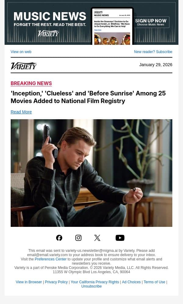 'Inception,' 'Clueless' and 'Before Sunrise' Among 25 Movies Added to National Film Registry email from Variety screenshot