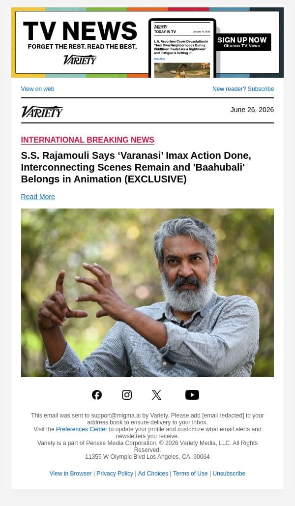S.S. Rajamouli Says ‘Varanasi’ Imax Action Done, Interconnecting Scenes Remain and 'Baahubali' Belongs in Animation (EXCLUSIVE) email from Variety screenshot