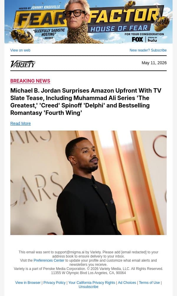 Michael B. Jordan Surprises Amazon Upfront With TV Slate Tease, Including Muhammad Ali Series 'The Greatest,' 'Creed' Spinoff 'Delphi' and Bestselling Romantasy 'Fourth Wing' email from Variety screenshot