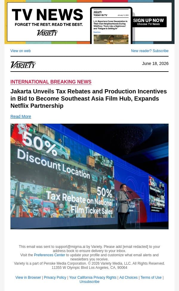Jakarta Unveils Tax Rebates and Production Incentives in Bid to Become Southeast Asia Film Hub, Expands Netflix Partnership email from Variety screenshot