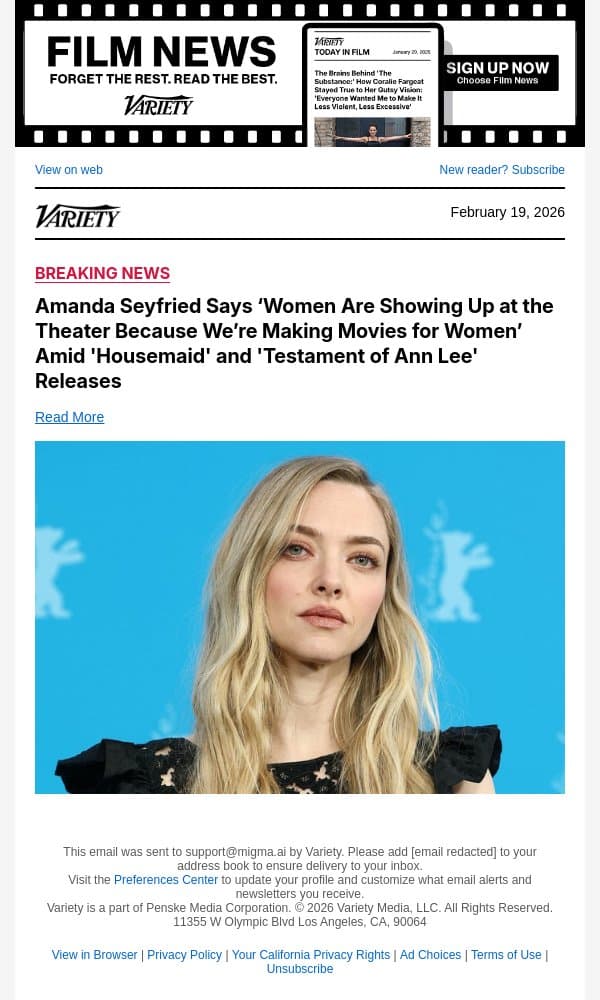 Amanda Seyfried Says ‘Women Are Showing Up at the Theater Because We’re Making Movies for Women’ Amid 'Housemaid' and 'Testament of Ann Lee' Releases email from Variety screenshot