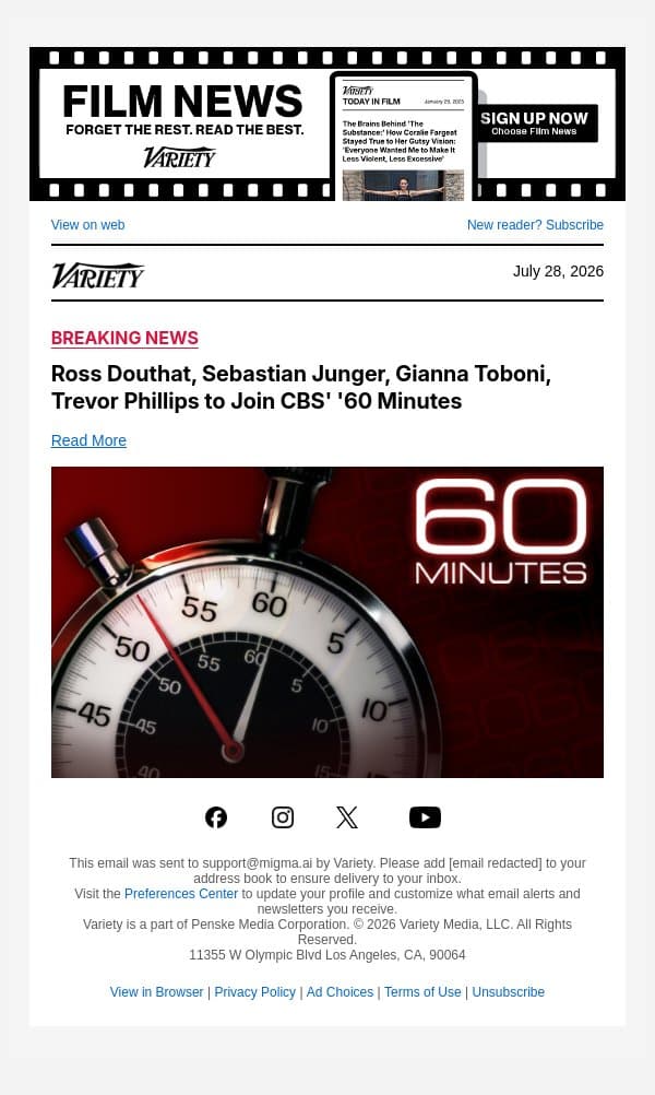 Ross Douthat, Sebastian Junger, Gianna Toboni, Trevor Phillips to Join CBS' '60 Minutes email from Variety screenshot