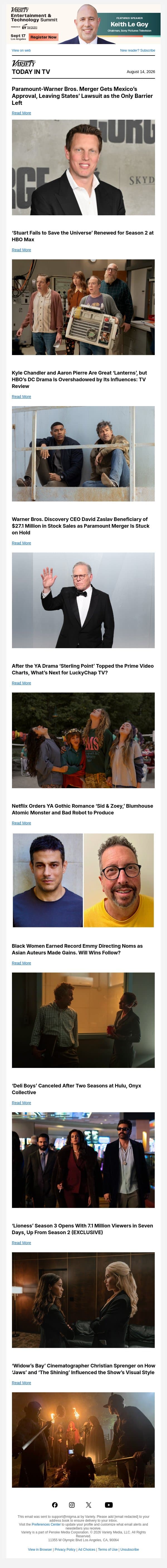 Paramount-Warner Bros. Merger Approved by Mexico; 'Lanterns' Review; 'Stuart Fails to Save the Universe' Renewed email from Variety screenshot