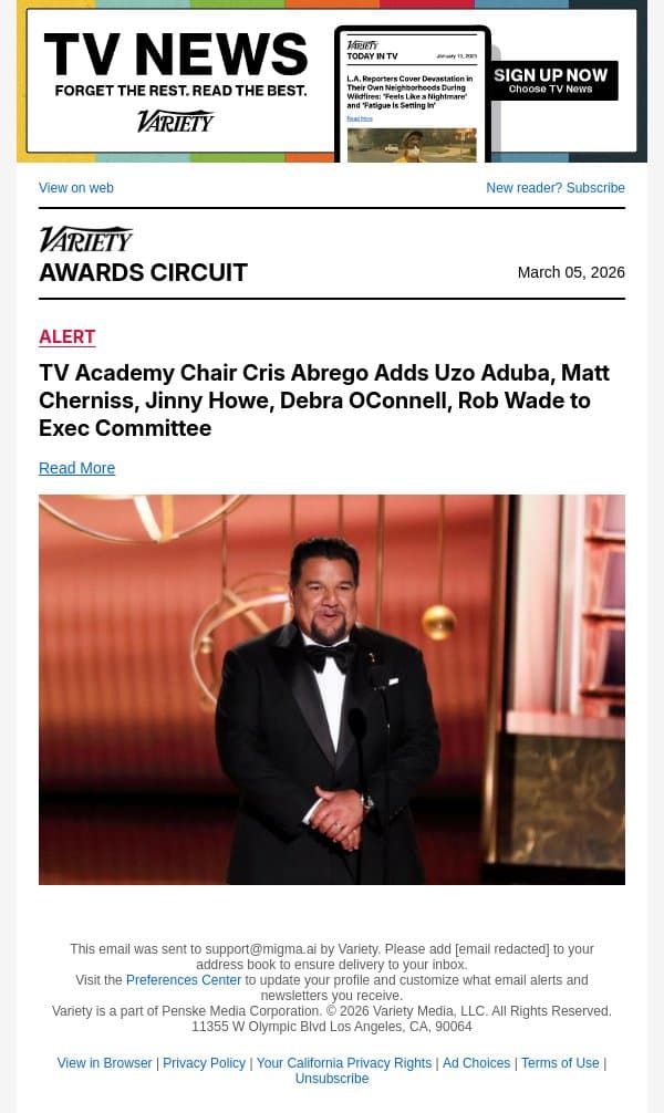 TV Academy Chair Cris Abrego Adds Uzo Aduba, Matt Cherniss, Jinny Howe, Debra OConnell, Rob Wade to Exec Committee email from Variety screenshot