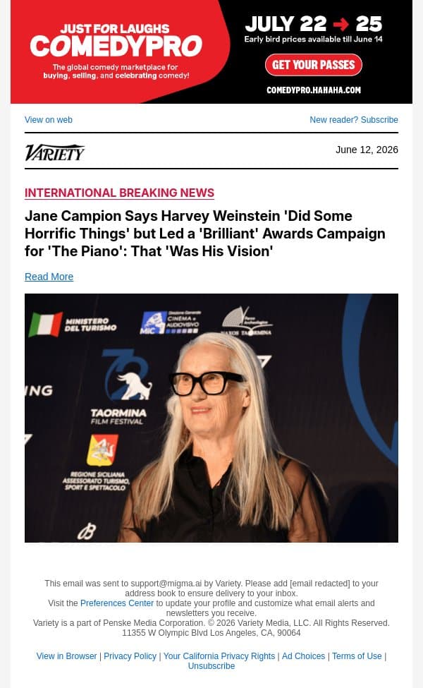 Jane Campion Says Harvey Weinstein 'Did Some Horrific Things' but Led a 'Brilliant' Awards Campaign for 'The Piano': That 'Was His Vision' email from Variety screenshot