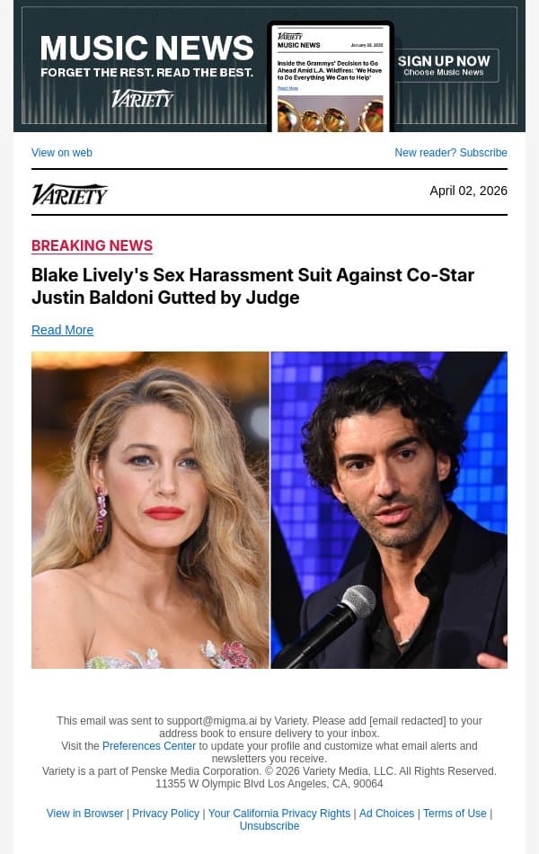 Blake Lively's Sex Harassment Suit Against Co-Star Justin Baldoni Gutted by Judge email from Variety screenshot