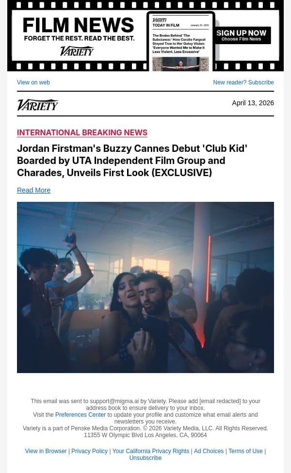 Jordan Firstman's Buzzy Cannes Debut 'Club Kid' Boarded by UTA Independent Film Group and Charades, Unveils First Look (EXCLUSIVE) email from Variety screenshot