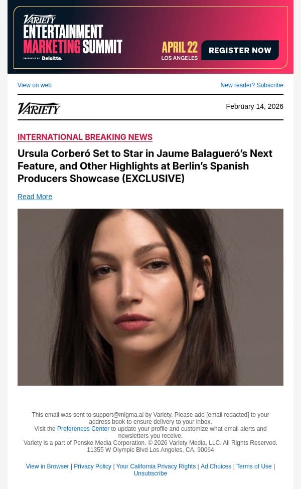 Ursula Corberó Set to Star in Jaume Balagueró’s Next Feature, and Other Highlights at Berlin’s Spanish Producers Showcase (EXCLUSIVE) email from Variety screenshot