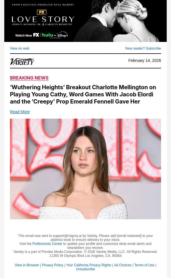 ‘Wuthering Heights’ Breakout Charlotte Mellington on Playing Young Cathy, Word Games With Jacob Elordi and the ‘Creepy’ Prop Emerald Fennell Gave Her email from Variety screenshot