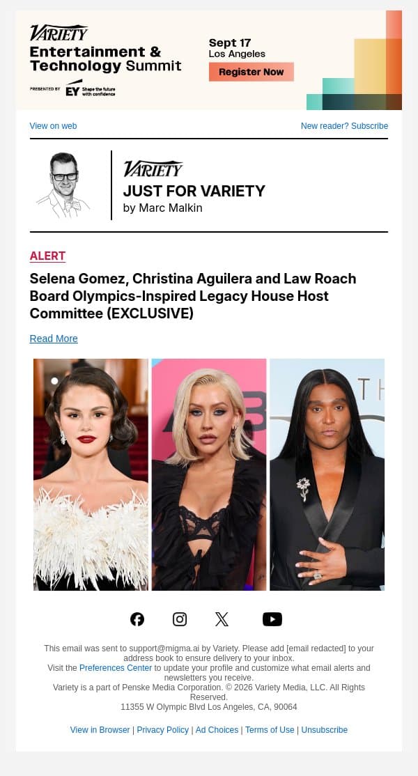Selena Gomez, Christina Aguilera and Law Roach Board Olympics-Inspired Legacy House Host Committee (EXCLUSIVE) email from Variety screenshot