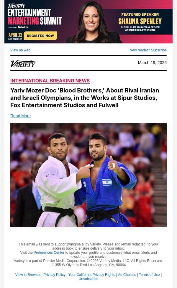 Yariv Mozer Doc 'Blood Brothers,' About Rival Iranian and Israeli Olympians, in the Works at Sipur Studios, Fox Entertainment Studios and Fulwell email from Variety screenshot