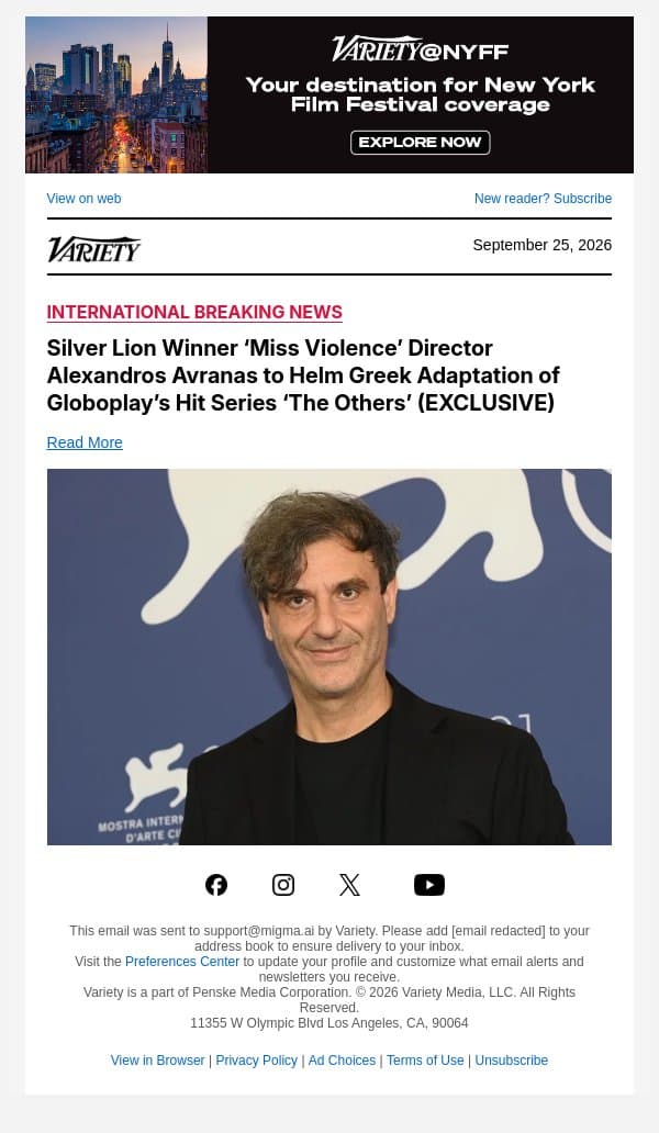 Silver Lion Winner ‘Miss Violence’ Director Alexandros Avranas to Helm Greek Adaptation of Globoplay’s Hit Series ‘The Others’ (EXCLUSIVE) email from Variety screenshot