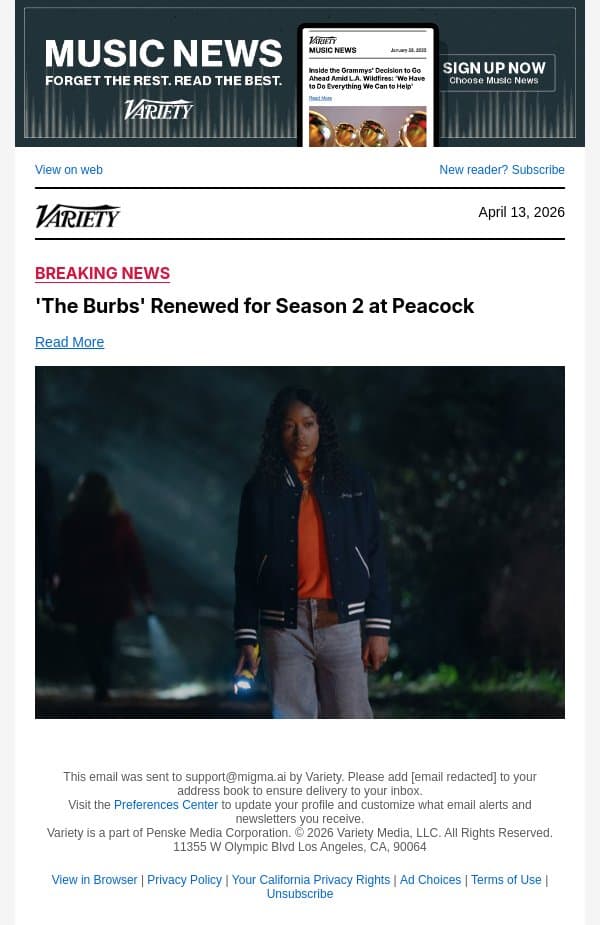 'The Burbs' Renewed for Season 2 at Peacock email from Variety screenshot