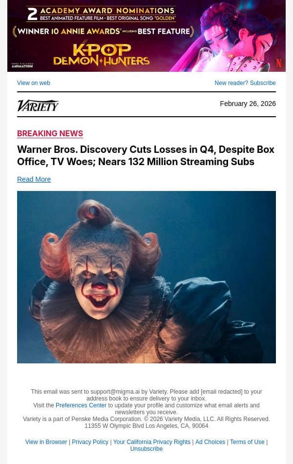 Warner Bros. Discovery Cuts Losses in Q4, Despite Box Office, TV Woes; Nears 132 Million Streaming Subs email from Variety screenshot