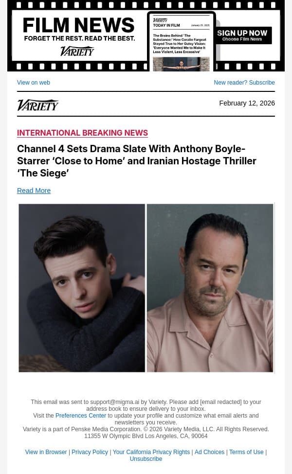 Channel 4 Sets Drama Slate With Anthony Boyle-Starrer ‘Close to Home’ and Iranian Hostage Thriller ‘The Siege’ email from Variety screenshot