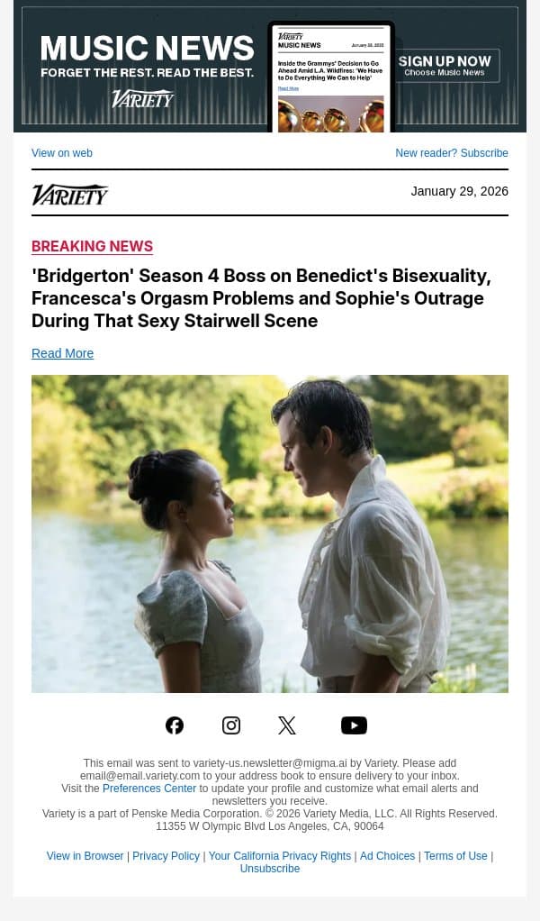 'Bridgerton' Season 4 Boss on Benedict's Bisexuality, Francesca's Orgasm Problems and Sophie's Outrage During That Sexy Stairwell Scene email from Variety screenshot