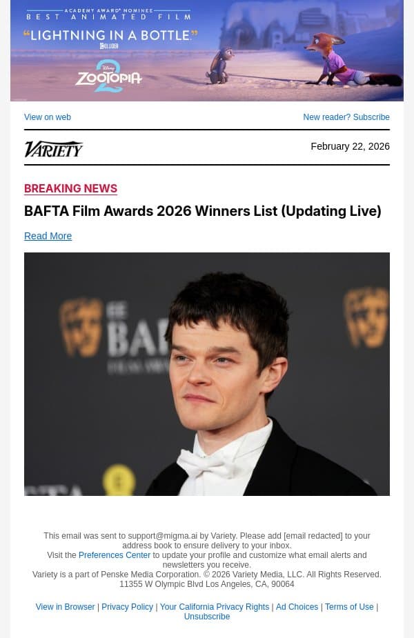 Robert Aramayo Wins BAFTA Leading Actor Award for 'I Swear' email from Variety screenshot