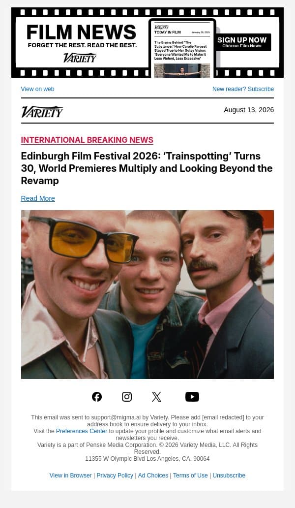 Edinburgh Film Festival 2026: ‘Trainspotting’ Turns 30, World Premieres Multiply and Looking Beyond the Revamp email from Variety screenshot