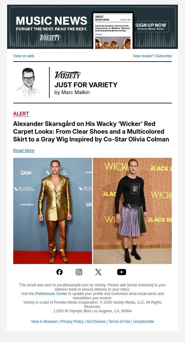 Alexander Skarsgård on His Wacky ‘Wicker’ Red Carpet Looks: From Clear Shoes and a Multicolored Skirt to a Gray Wig Inspired by Co-Star Olivia Colman email from Variety screenshot
